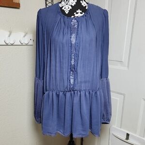 Free People Soul Serene Dusty Blue Boho Blouse Sheer Sleeves Open Back M